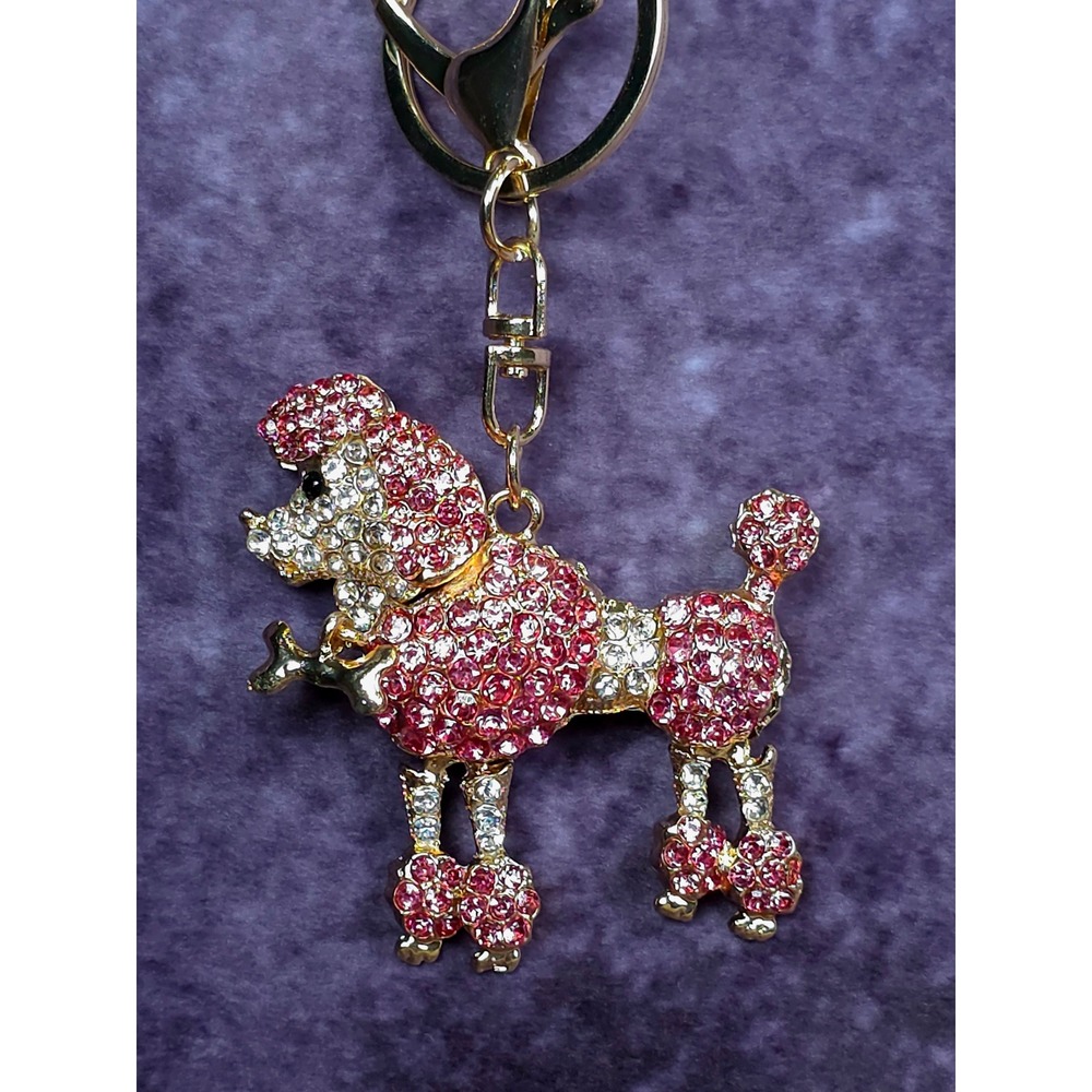 Sparkling Poodle Dog Rhinestone Keychain Bag Charm Gold Tone Pink‎ Crystals
